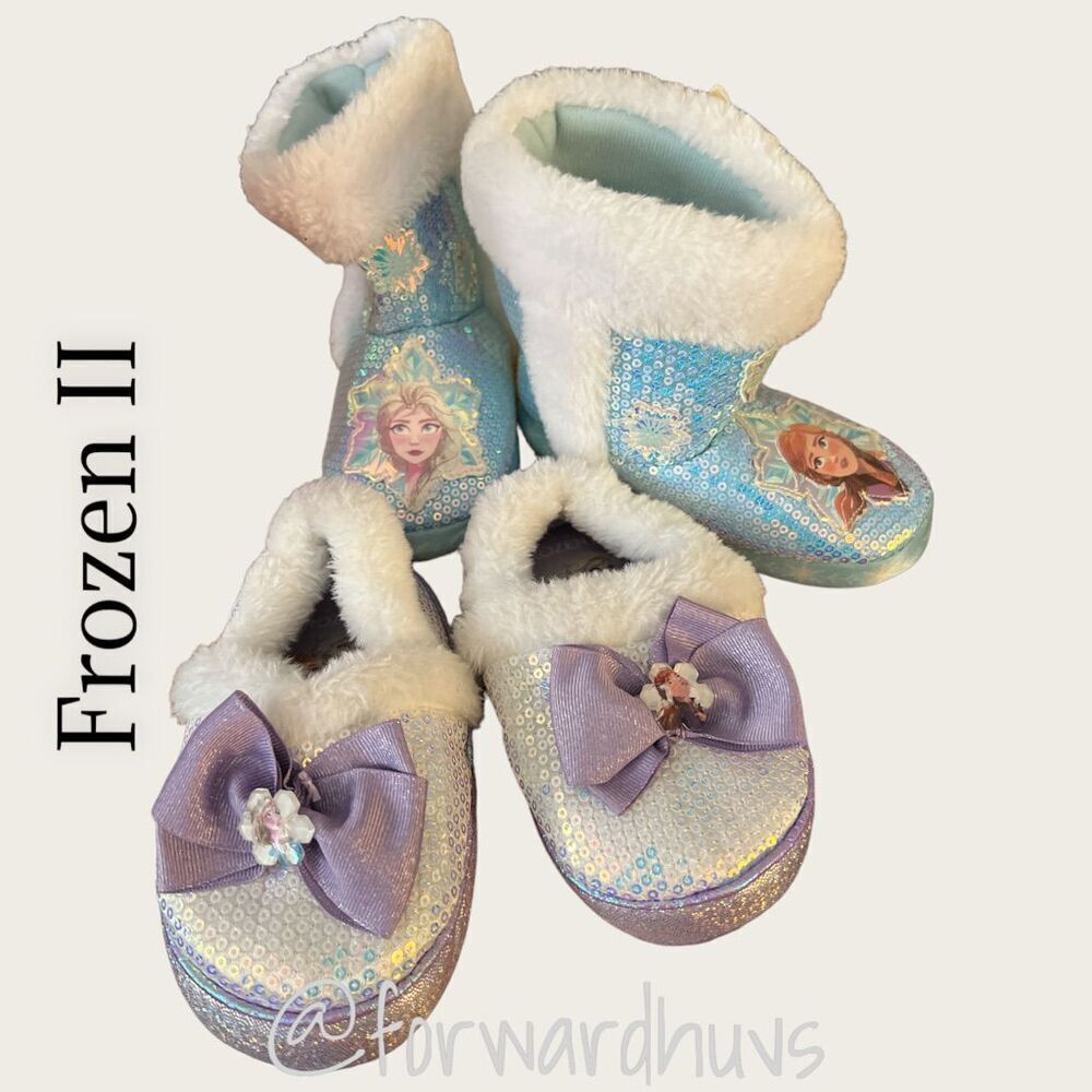 Frozen II - 2 Pair Sequin Kids Booties and Slippers Size 7/8